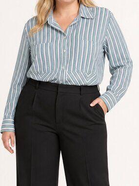 Lane Bryant 22/24 Corpcore Striped Button Front Long Sleeve Top Blue Green